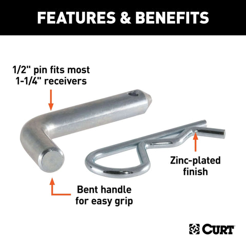 Half Inch Trailer Hitch Pin And Clip For One And A Quarter Inch Receivers, Easy Grip 105 Degree Bend, shown with zinc finish