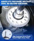 Half Inch Torque Wrench With Angle Gauge And Rotary Zero Return on engine fastener, 30 degree dial close-up