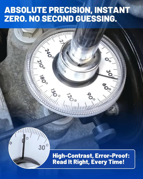 Half Inch Torque Wrench With Angle Gauge And Rotary Zero Return on engine fastener, 30 degree dial close-up