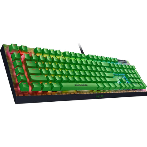 Next Level Minecraft Edition Mechanical Gaming Keyboard With Sick Chroma RGB Lighting Clicky Tactile Green Switches Easy Macro Programming And Ridiculously Durable Doubleshot Abs Keycaps top view showcasing RGB lighting and green keycaps.