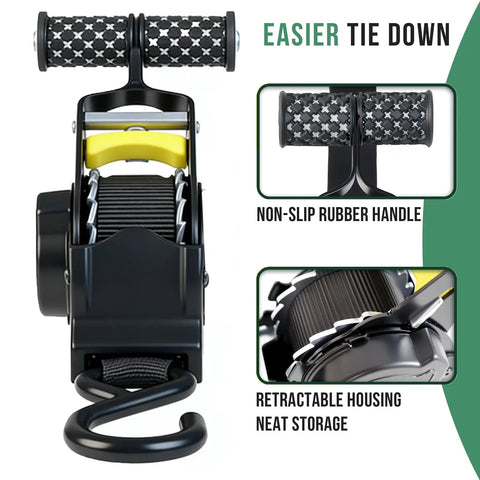 No Sweat Hauling Self Retracting Ratchet Straps 1500 Lb Break Strength 2 Pack showing non-slip handle and retractable housing.