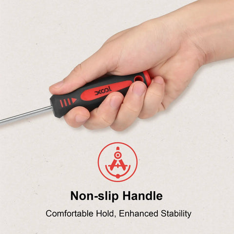 18 Piece Magnetic Screwdriver Set With Case 7 Phillips And 9 Slotted Tips Cushioned Grip Non Slip For Home Repair DIY Projects Computer Repair And Toy Battery Replacement A Solid Gift For Any Handyman showing cushioned non-slip handle in hand for stability.