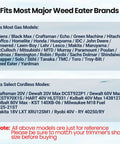 Compatibility chart for universal weed eater head replacement with easy load trimmer line, listing fit models for gas and cordless trimmers.