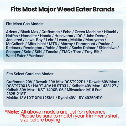 Compatibility chart for universal weed eater head replacement with easy load trimmer line, listing fit models for gas and cordless trimmers.