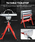 Beefy Carbon Steel Welding Table With A Spacious 29.5 Inch By 19.3 Inch Surface, adjustable angle, shown in red finish on wheels