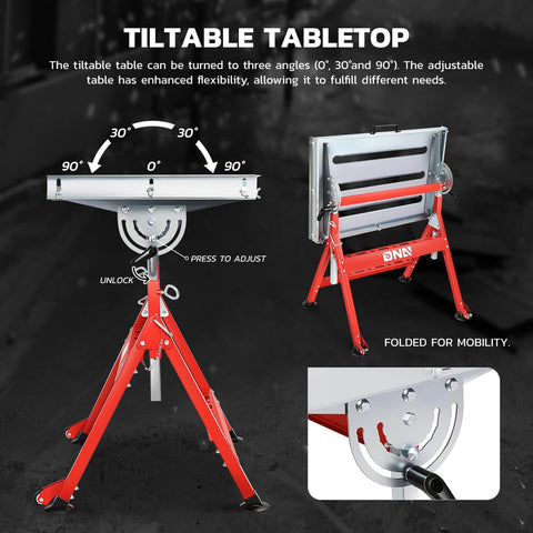 Beefy Carbon Steel Welding Table With A Spacious 29.5 Inch By 19.3 Inch Surface, adjustable angle, shown in red finish on wheels