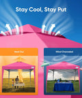 No Fuss Easy Setup 10x10 Pop Up Canopy Tent With No Sidewalls showcasing vented pink top for heat and wind management.