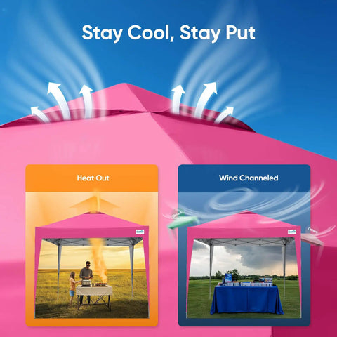 No Fuss Easy Setup 10x10 Pop Up Canopy Tent With No Sidewalls showcasing vented pink top for heat and wind management.