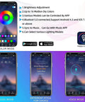 Color and music mode app screens for Lit 8 Piece Motorcycle Underglow LED Light Kit With App Control Multicolor RGB Strips