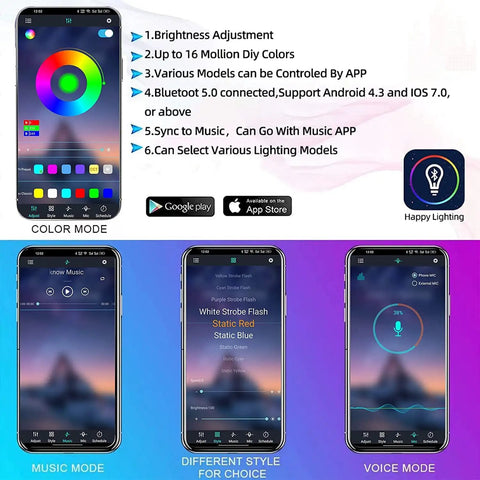 App interface showing control options for 4 Piece Underglow Kit For Cars And Trucks App Controlled Multicolor RGB Underbody Lights.