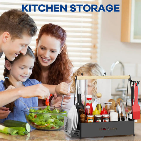 Family using Grill Caddy With Dual Paper Towel Holders For Outdoor BBQs in kitchen, organizing utensils and condiments.