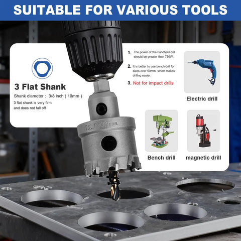 Knockout 1 3/4 Inch Hole Saw Kit Featuring Heavy Duty Tungsten Carbide Tipped Cutter and Sharp M2 Pilot Bit for Straight Up Smooth Drilling Results, showing tool compatibility.