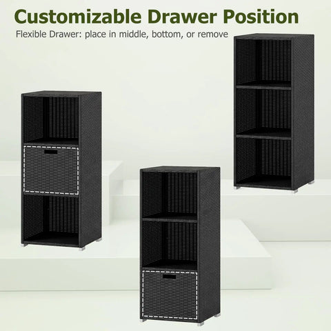 Outdoor PE Rattan Storage Cabinet With Shelves And Drawer All Weather Wicker Storage Shed Organizer for various setups.