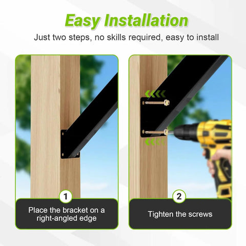 Rock Solid Heavy Duty 45 Degree Angle Support Brackets For Wood Deck Framing Patio Gazebos showing easy installation steps with wood and bracket.
