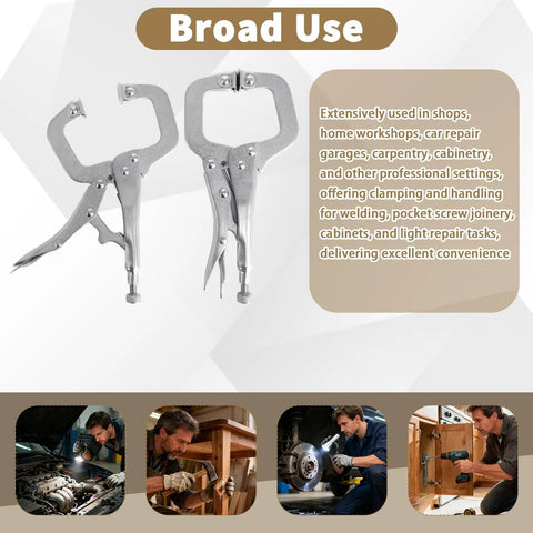 12 Pack 6 Inch Locking C Clamps With Swivel Pads And Regular Tips, Adjustable Welding Pliers for woodworking displayed on packaging