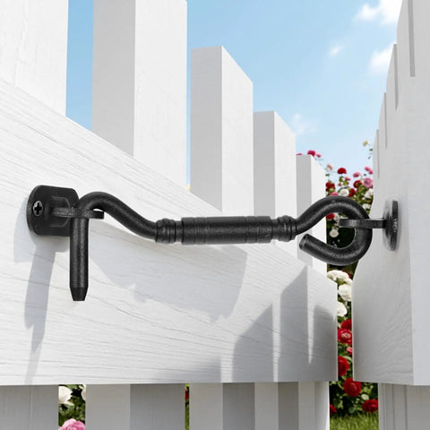 Beefy Heavy Duty Stainless Steel Barn Door Hook Latch Set With Screws 4 And A Quarter Inch Rust Resistant Eye And Hook Latch installed on gate