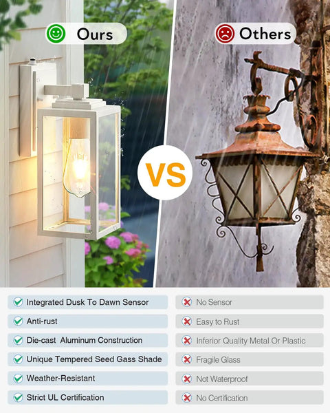 Comparison of 2 Pack Dusk To Dawn Outdoor Wall Lanterns Waterproof Aluminum Sconce Lights and a rusted alternative lantern.