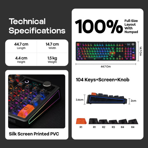 Top Shelf Full Size Mechanical Keyboard With Bangin Tri Mode Wireless Pairing Gotta Appreciate That Crisp OLED Display Screen And Sweet Dedicated Volume Knob For Any Sick Workstation Or Gaming Battlestation Setup technical specifications layout