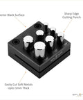 Pro Grade 7 Round Punch Disc Cutter For Jewelry Making And Metalworking Set with Seven Die Sizes on black steel block