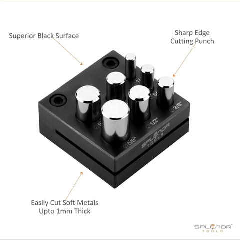 Pro Grade 7 Round Punch Disc Cutter For Jewelry Making And Metalworking Set with Seven Die Sizes on black steel block