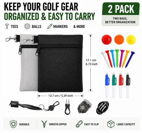 Two Pack Golf Tee Pouches With Clip, Grab And Go Nylon Zipper Bag For Tees And Markers, Compact 5.24 By 6.42 Inch Organizer