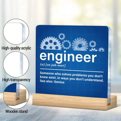 Epic Engineer Gifts For Women And Men Mechanical Engineering Lovers Acrylic Plaque Sign With Wood Stand For Home Office Decor Engineer Definition Wall Art For Desk Display featuring gears and definition on a blue background.