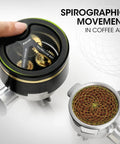 Top Shelf 54Mm Spirographic WDT Tool Espresso Coffee Distribution showing gear movement and ground coffee pattern.