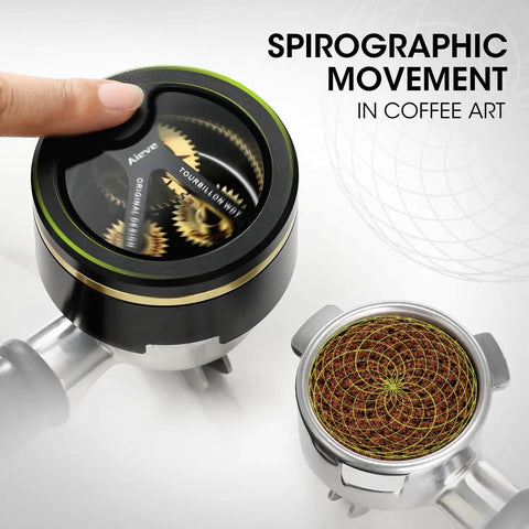 Top Shelf 54Mm Spirographic WDT Tool Espresso Coffee Distribution showing gear movement and ground coffee pattern.