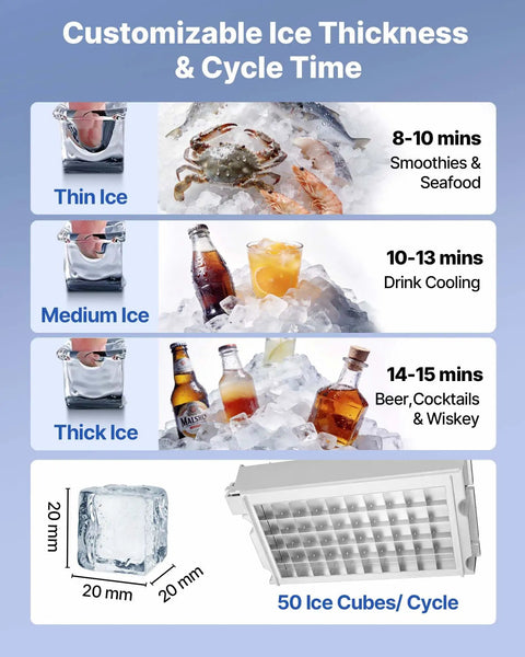 Customizable ice thickness options displayed for Rock Solid Commercial Ice Maker, showing thin, medium, and thick ice with production details.