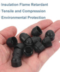 Hand holding 20 Pack Black Plastic M8 Hex Nut Caps, Dome Acorn Bolt Covers, showing their design and features.