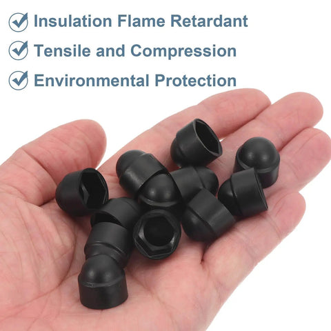 Hand holding 20 Pack Black Plastic M8 Hex Nut Caps, Dome Acorn Bolt Covers, showing their design and features.
