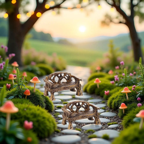 Two Piece Resin Garden Bench Set For Fairy Gardens And Dollhouses, Realistic Fairy Village Furniture Ornaments in a miniature landscape
