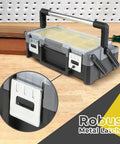 18 Inch Cantilever Tool Box Organizer With Removable Trays Portable Plastic Case showing robust metal latches and clear lid