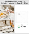 Compact Handheld Vacuum Sealer For Food With 10 Reusable Bags, Portable Wireless Sealing Machine and kit components displayed.