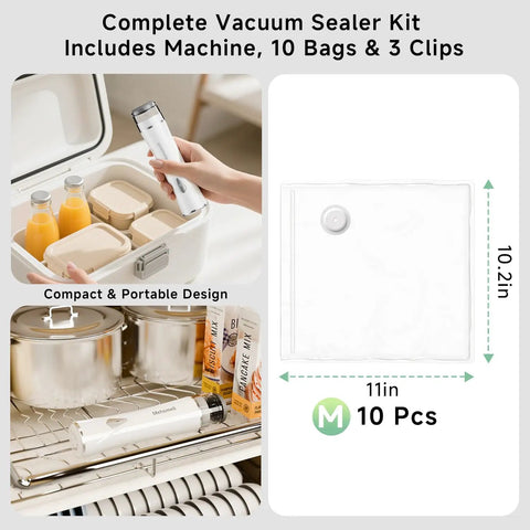 Compact Handheld Vacuum Sealer For Food With 10 Reusable Bags, Portable Wireless Sealing Machine and kit components displayed.