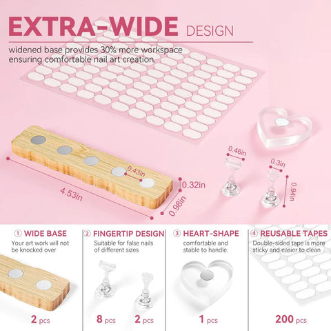 Two Pack Magnetic Nail Practice Stands With Heart Acrylic Holder For Press On Nails Art Display Fake Nail Tips Holder Racks Includes 200 Double Sided Tape Strips DIY Nail Kit For Home Salon shown with dimensions and features