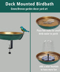 Deck Mounted Bird Bath For Outdoors 11 Inch Green And Bronze Metal Bird Bath Bowl With Large Steel Clamp For Railing