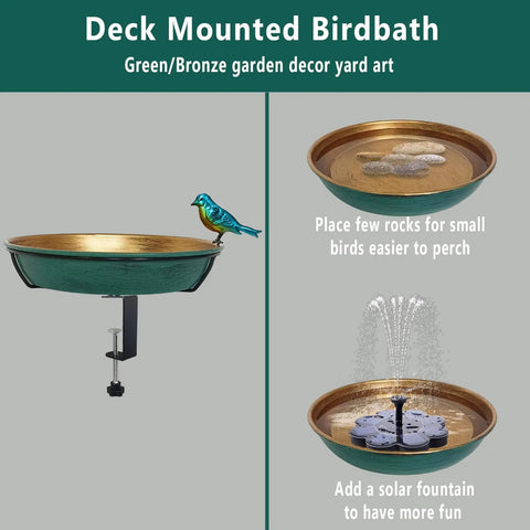 Deck Mounted Bird Bath For Outdoors 11 Inch Green And Bronze Metal Bird Bath Bowl With Large Steel Clamp For Railing