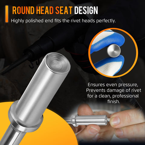Quarter Inch Rivet Set For Pneumatic Hammers Pro Grade Universal with round head seat design, silver metal, close-up angle.