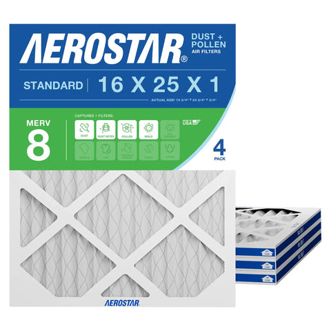 Go To 16x25x1 MERV 8 Air Filter Pack, 4 Count, Actual Size 15.75 x 24.75 x 0.75, box of HVAC filters