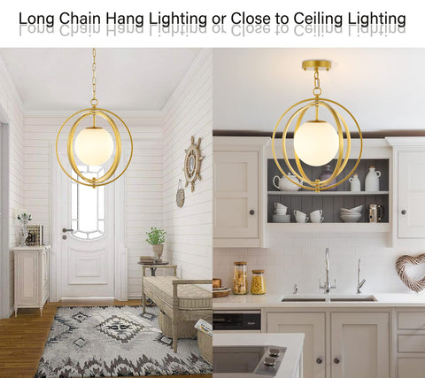 Gold Orb Chandelier 1 Light Globe Pendant Fixture With White Globe Glass Lampshade in dining area and kitchen view