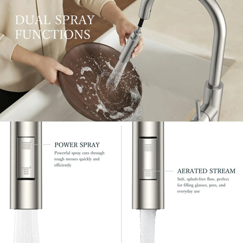 Single Handle Kitchen Faucet With Effortless Pull Down Sprayer Serving Both Clean Stream And Rinse Spray Quick No Fuss Diy Install Total Sink Makeover That Runs Like A Charm showing dual spray functions while cleaning a plate.