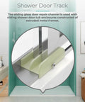 Heavy Duty Sliding Shower Door Bottom Guide With Mounting Screws For Top Hung Glass Doors And Tub Enclosures Sweet Glide Fix Foolproof Setup Includes Full Hardware Two Piece Home Bundle, close-up view of shower door track with plastic runner.