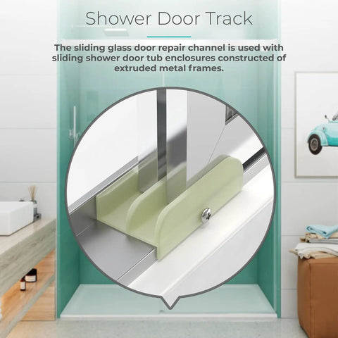 Heavy Duty Sliding Shower Door Bottom Guide With Mounting Screws For Top Hung Glass Doors And Tub Enclosures Sweet Glide Fix Foolproof Setup Includes Full Hardware Two Piece Home Bundle, close-up view of shower door track with plastic runner.