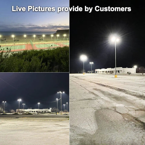 LED Parking Lot Light With Photocell, 19000 Lumens Shoebox Pole Fixture illuminating parking lots at night