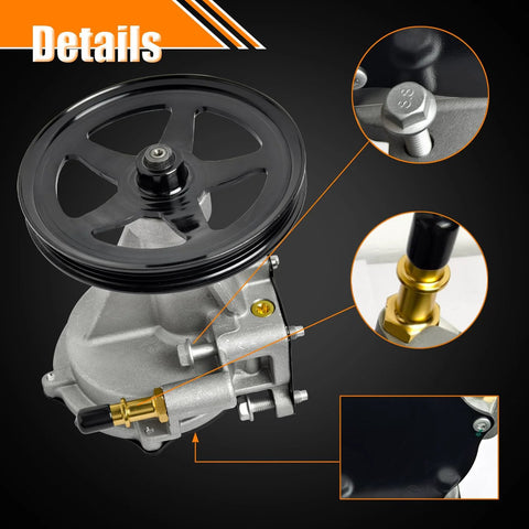 Brake vacuum pump with pulley; gray metal housing, brass inlet fitting, angled front view