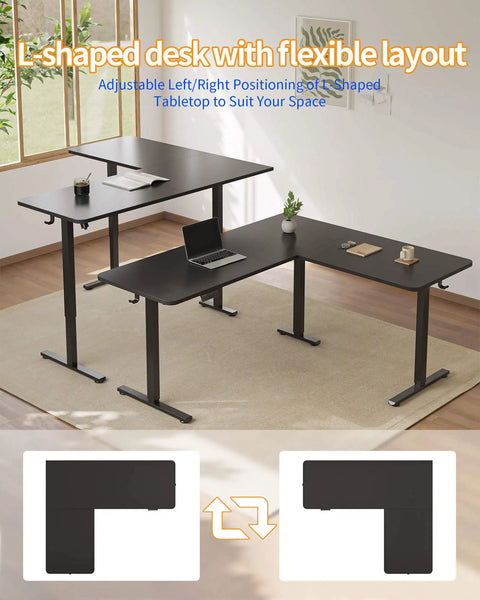Boss Level Electric L Shaped Standing Desk Adjustable Height 63 X 55 Inches with flexible layout in black, suitable for any space.