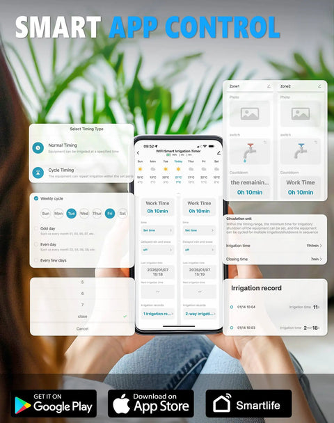 Smartphone displaying 2 Zone WiFi Sprinkler Timer With App Control interface and features indoors.