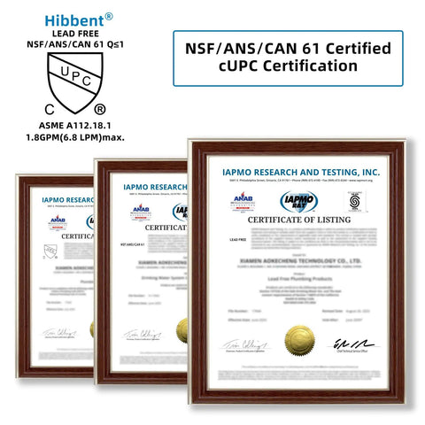 Certification documents for Three Function Pull Down Kitchen Faucet Head Replacement With 12 Adapters Chrome Finish for Moen Delta Kohler Sinks NSF ANSI CAN 61 cUPC