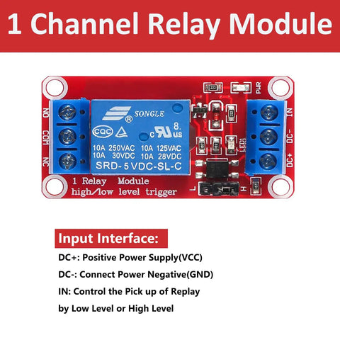 4 Pack 5V Relay Module One Channel Optocoupler with High-Current Switch for Home Projects Handles 10A at 250V AC or 10A at 30V DC close-up view of relay module connections.
